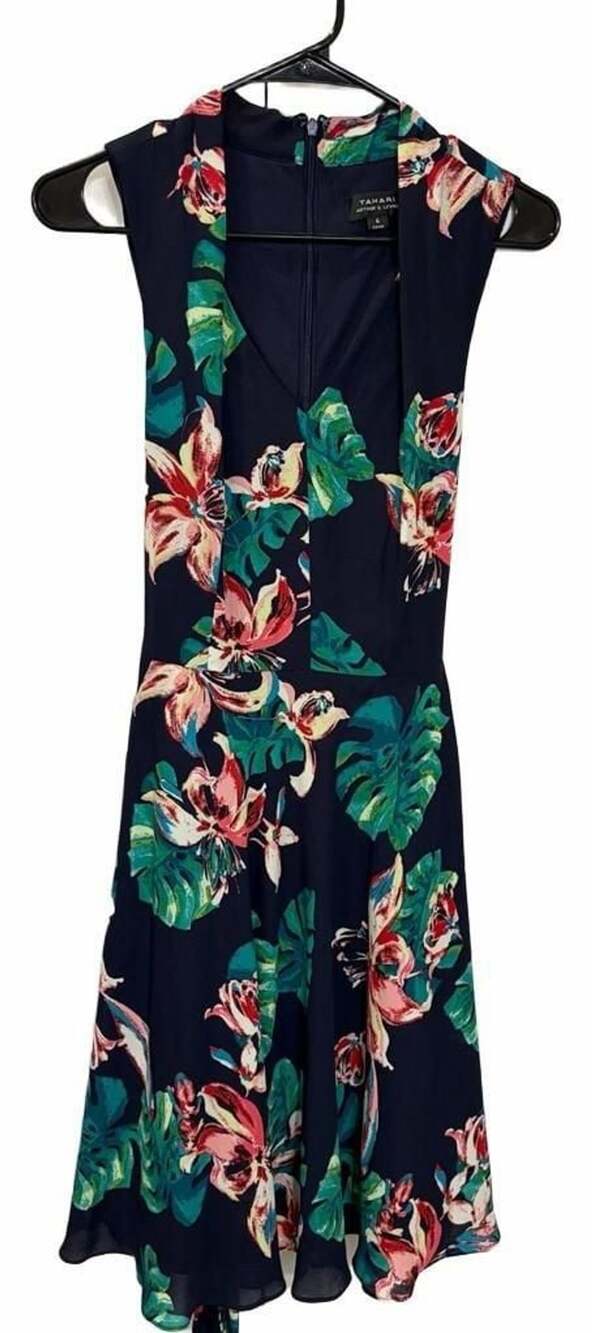 Tahari Arthur S. Levine Size 6 Navy Tropical Floral Fit & Flare Midi Dress BOHO